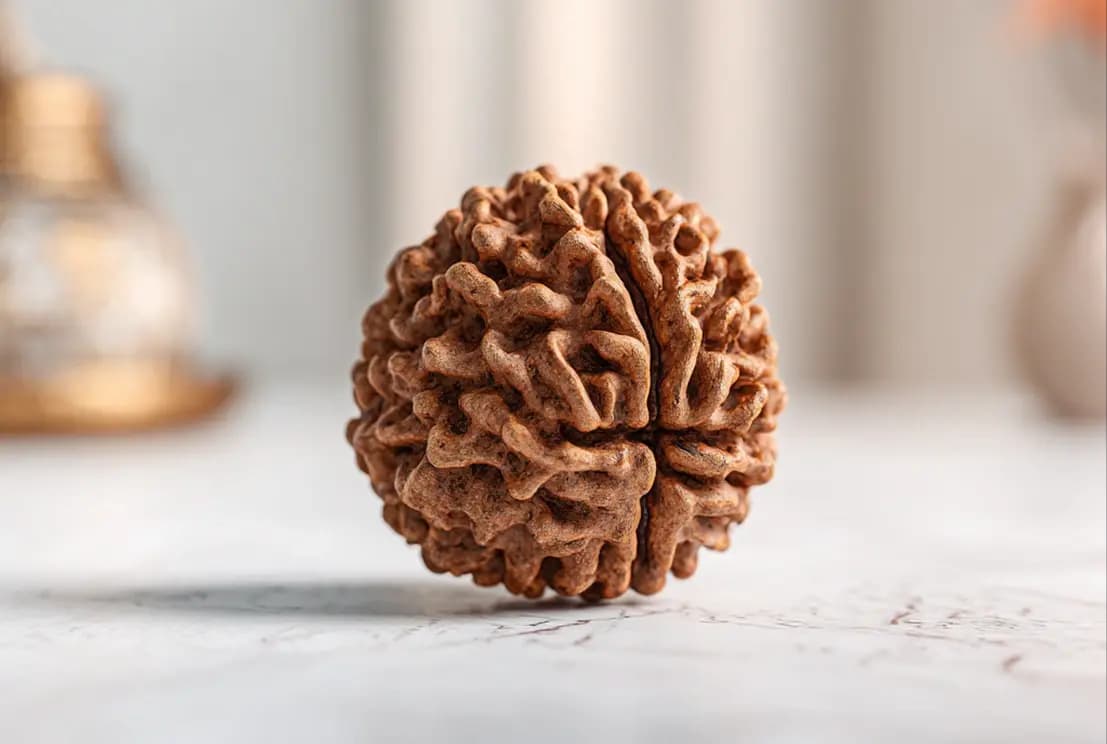 A single naturally formed Rudraksha bead on pale stone