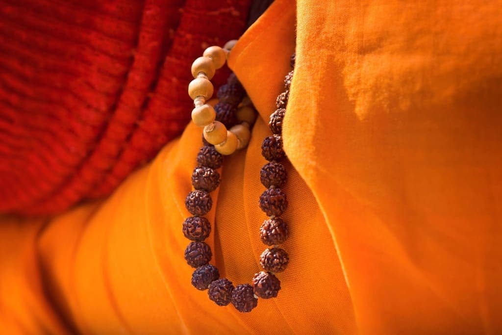 A pandit holding Rudraksha prayer beads