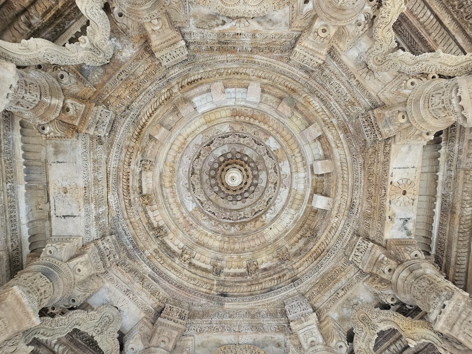 The carved circular ceiling of the Sun Temple at Modhera